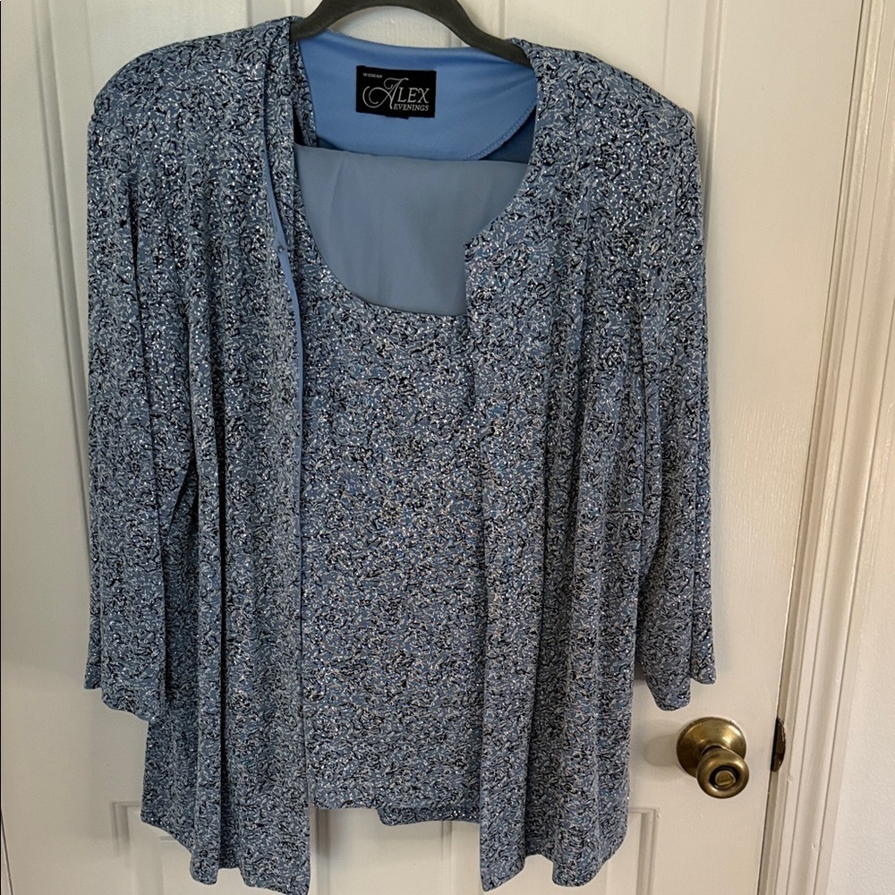 Alex Evenings Silver & Blue Pant Suit, Jacket,Top & Flowy Wide Leg Pants